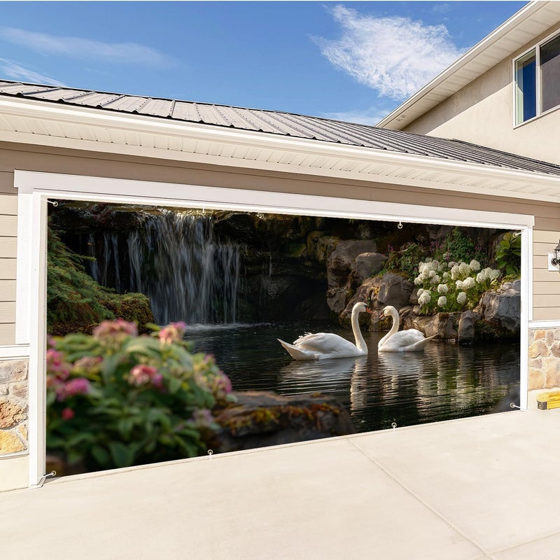 THISFIND Elegant Swan Pond Garage Door Banner – Romantic Waterfall Scene with Floral Garden for Outdoor Home Decor - Image 3